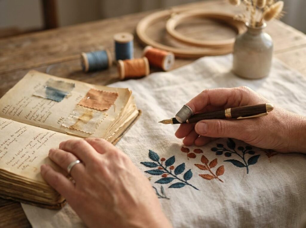 Close-up van de ervaren handen van Jacqueline die rusten op historisch textiel en schetsboeken in het atelier.