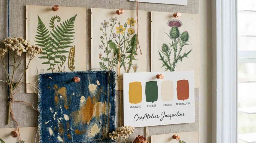 Moodboard met textielstalen en botanische inspiratie aan de wand.