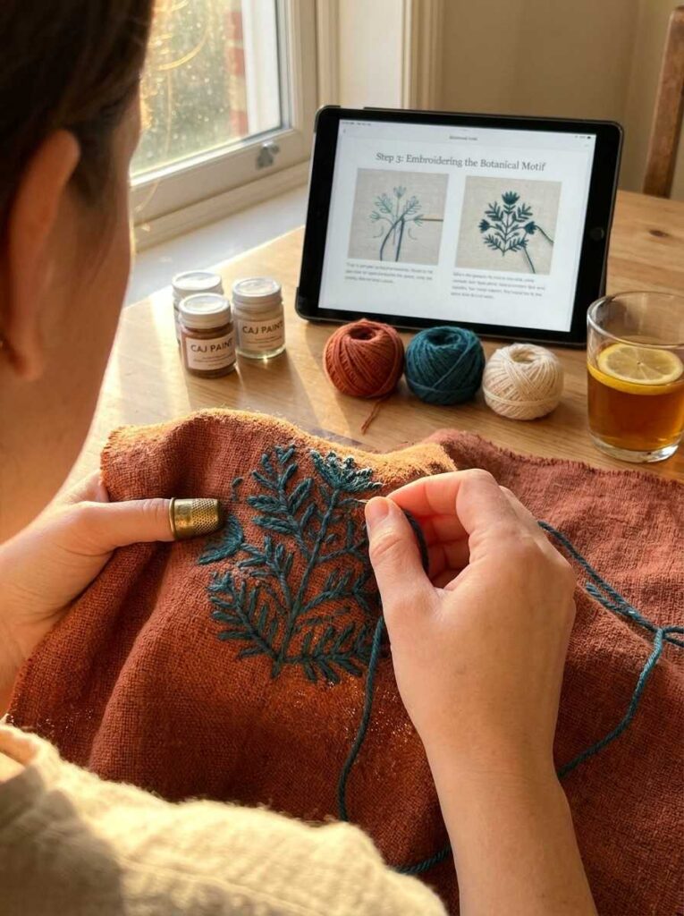 Nauwkeurige close-up van een hand die op denim schildert, met een tabletgids en materialen binnen handbereik.
