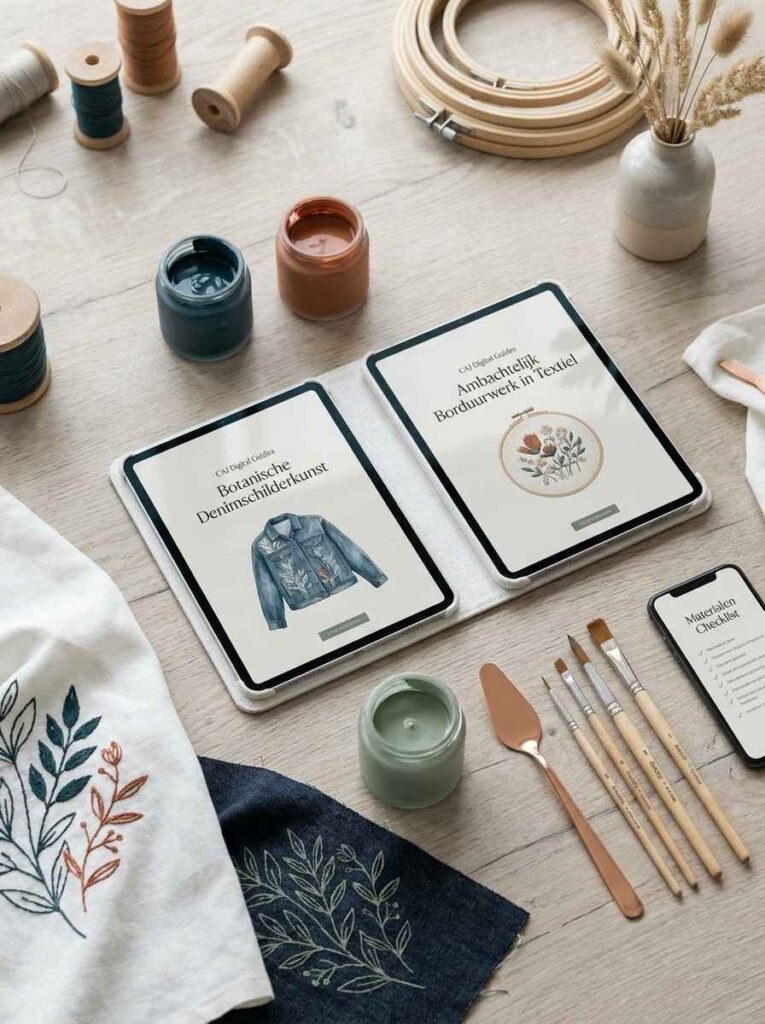 Breeduitlopende flatlay van een gecureerde collectie ambachtelijke materialen en tablets met CAJ Digital Guides, symbool voor veelzijdige handwerk gidsen.