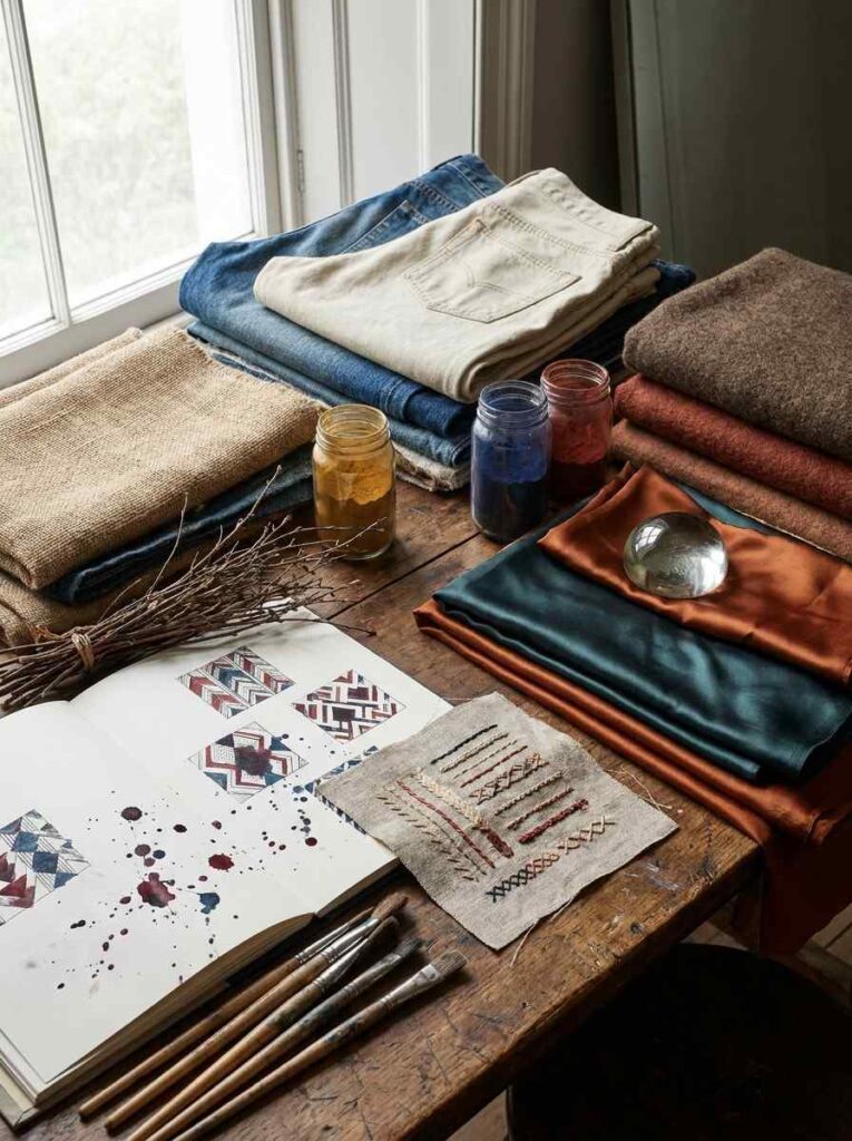 Een verzameling van luxe textielsoorten, pigmenten en schetsen in een kunstenaarsatelier.