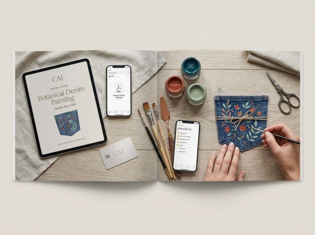 Breeduitlopende flatlay van een creatieve reis, van een tabletgids tot een voltooid geschilderd denimproject met materialen. Titel: De naadloze transitie van digitale gids