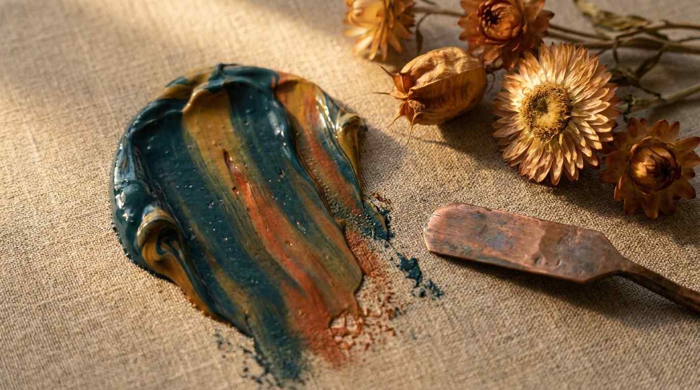 Abstracte weergave van Deep Petrol en Terracotta verf op linnen textiel.