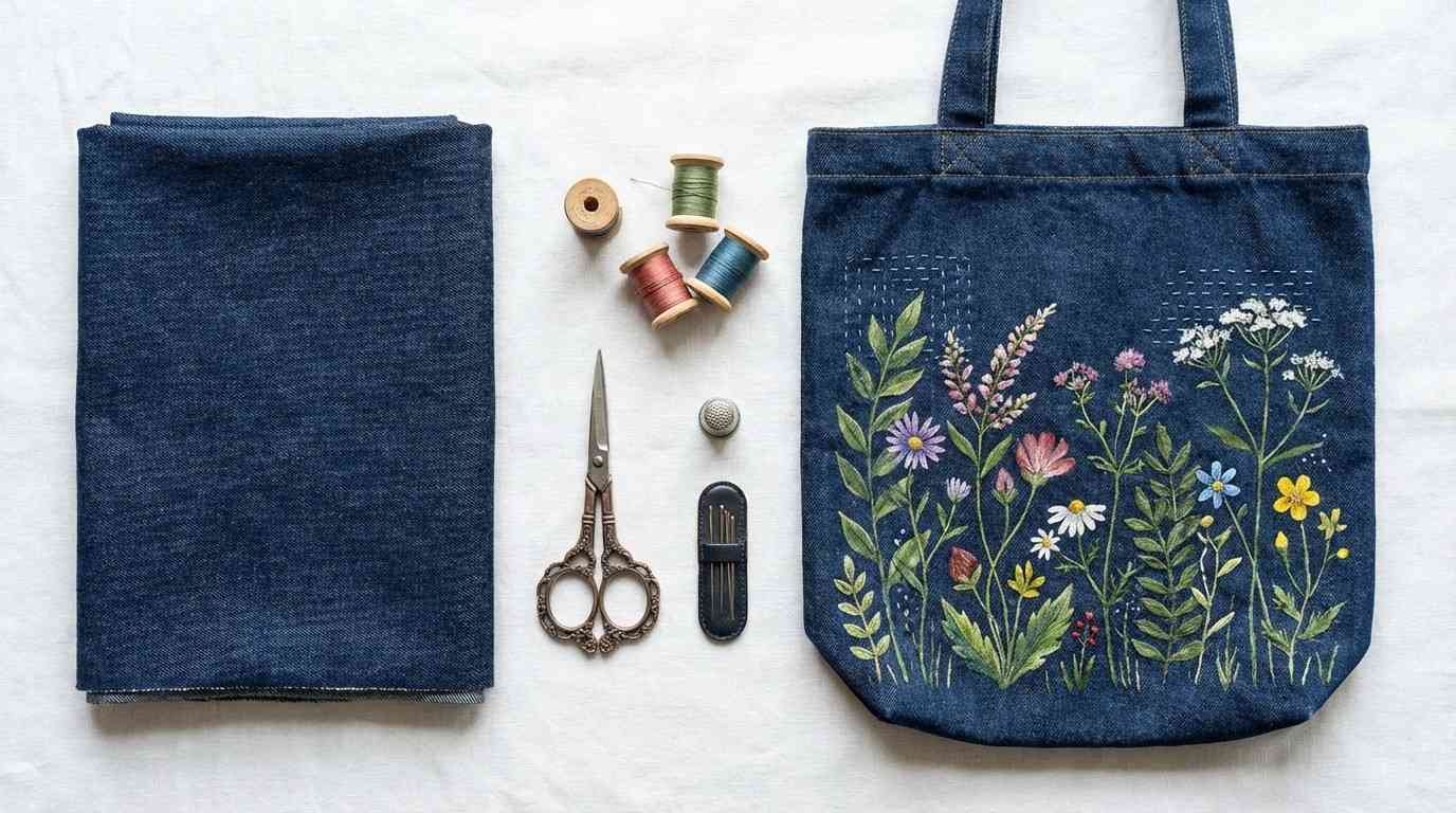 Voor en na voorbeeld van upcycling op denim met botanische schilderkunst.