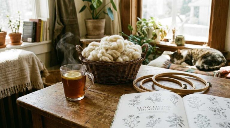 Een gezellig hoekje met thee en handwerkmaterialen, sfeerbeeld voor mindfulness.