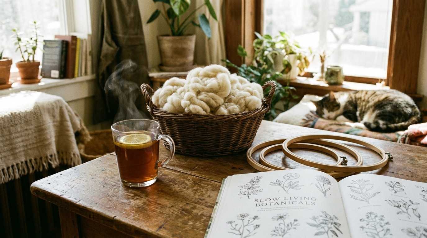 Een gezellig hoekje met thee en handwerkmaterialen, sfeerbeeld voor mindfulness.