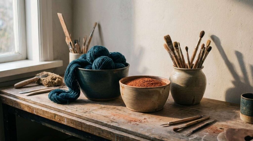 Keramieken potjes met garen en pigment in de kleuren van het atelier.