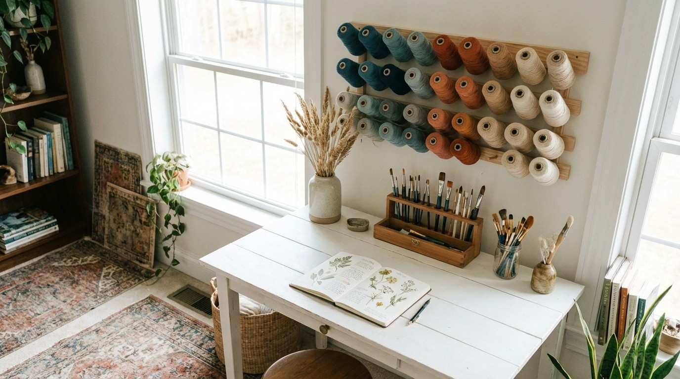 Inspirerende en georganiseerde creatieve werkplek met natuurlijk licht.