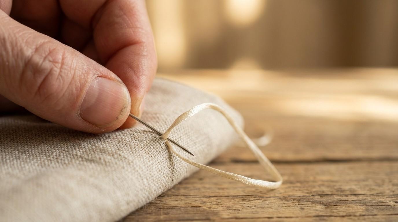 Close-up van een naald die door linnen stof gaat, symbool voor slow crafting.