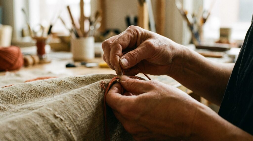 Close-up van handen die borduren op een duurzame stof.