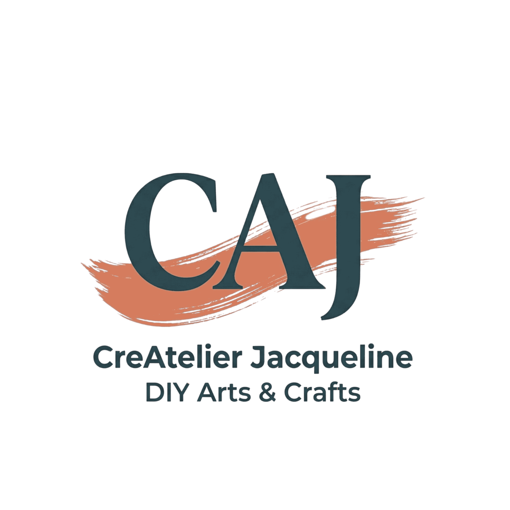 Modern minimalistisch logo van CreAtelier Jacqueline, met de initialen CAJ in petrolblauw over een terracotta penseelstreek.