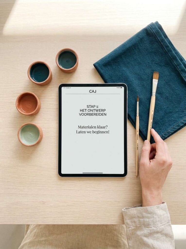 Een overzicht van een creatieve werkplek met een tablet die de stap-voor-stap CAJ gids toont, omringd door materialen.