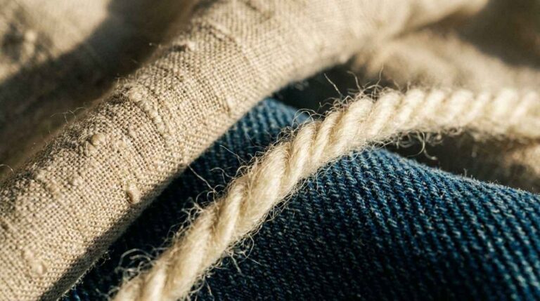 Macro-opname van verschillende stoffen zoals linnen, denim en wol ter illustratie van textuur.